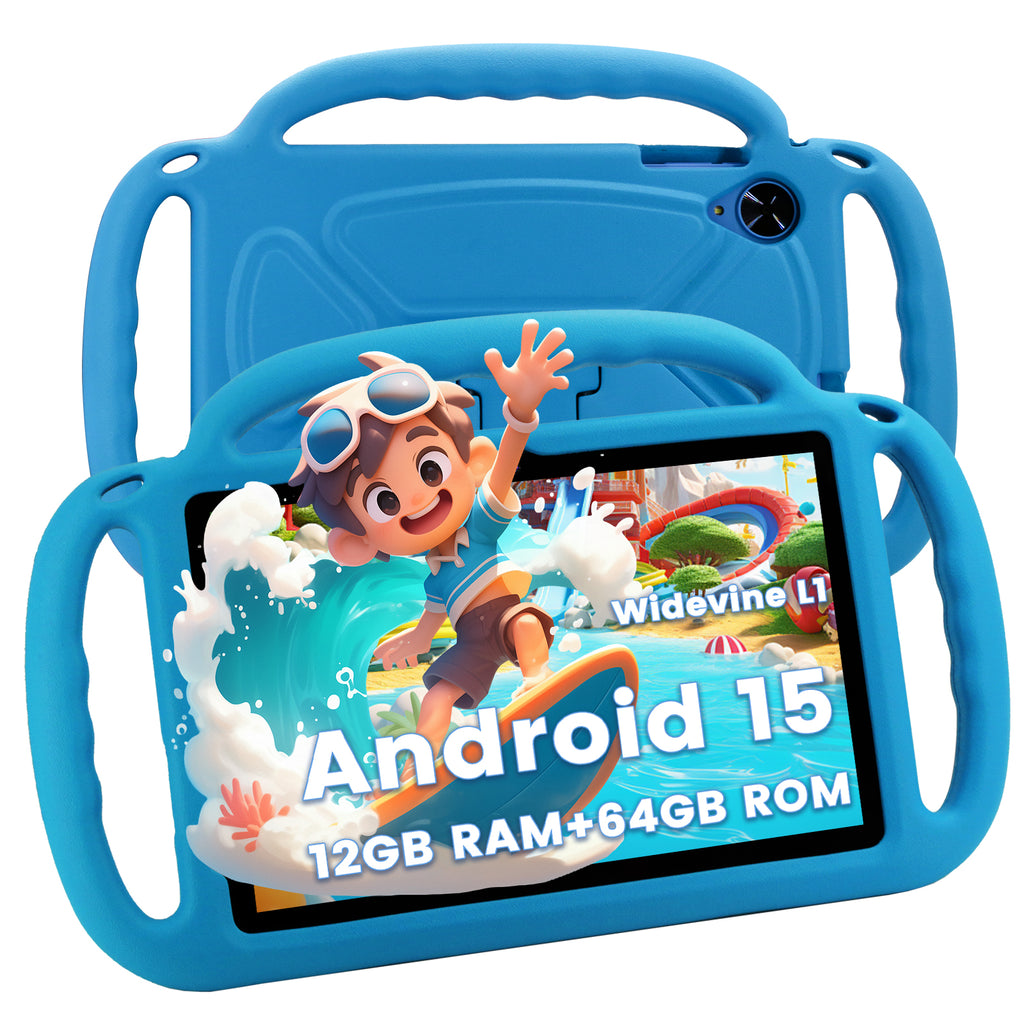 Azeyou Kids Tablet 10 Inch Android 15 Tablets for Kids, 12GB RAM 64GB ROM (1TB Expandable) with Case, 6000mAh Battery, Quad-Core Processor, Parental Control, Dual Camera, WiFi HD Screen, Blue