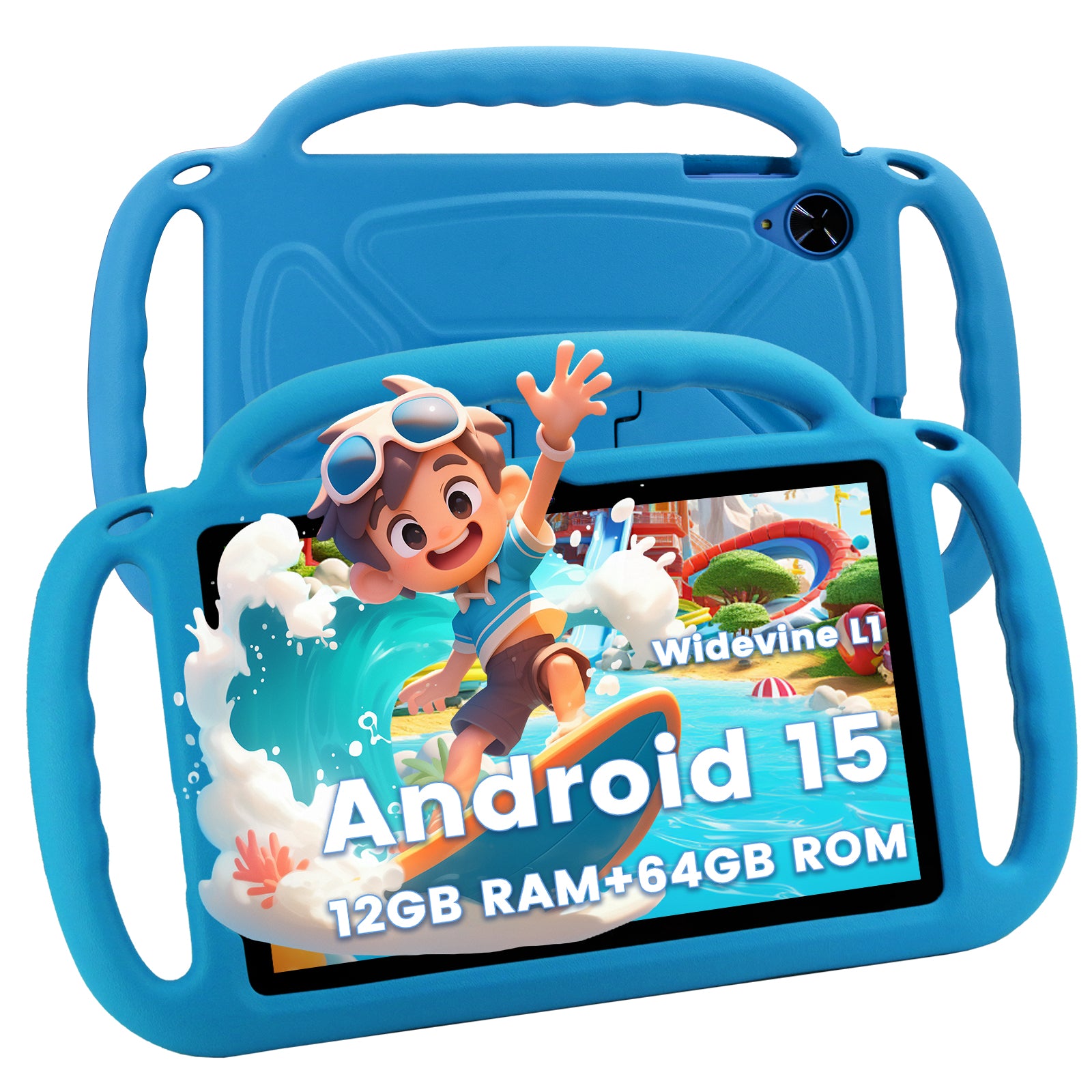 Azeyou Kids Tablet 10 Inch Android 15 Tablets for Kids, 12GB RAM 64GB ROM (1TB Expandable) with Case, 6000mAh Battery, Quad-Core Processor, Parental Control, Dual Camera, WiFi HD Screen, Blue
