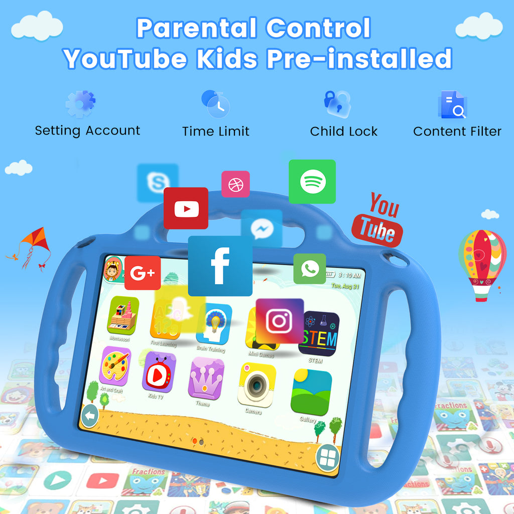 Azeyou Kids Tablet 10 Inch Android 15 Tablets for Kids, 12GB RAM 64GB ROM (1TB Expandable) with Case, 6000mAh Battery, Quad-Core Processor, Parental Control, Dual Camera, WiFi HD Screen, Blue