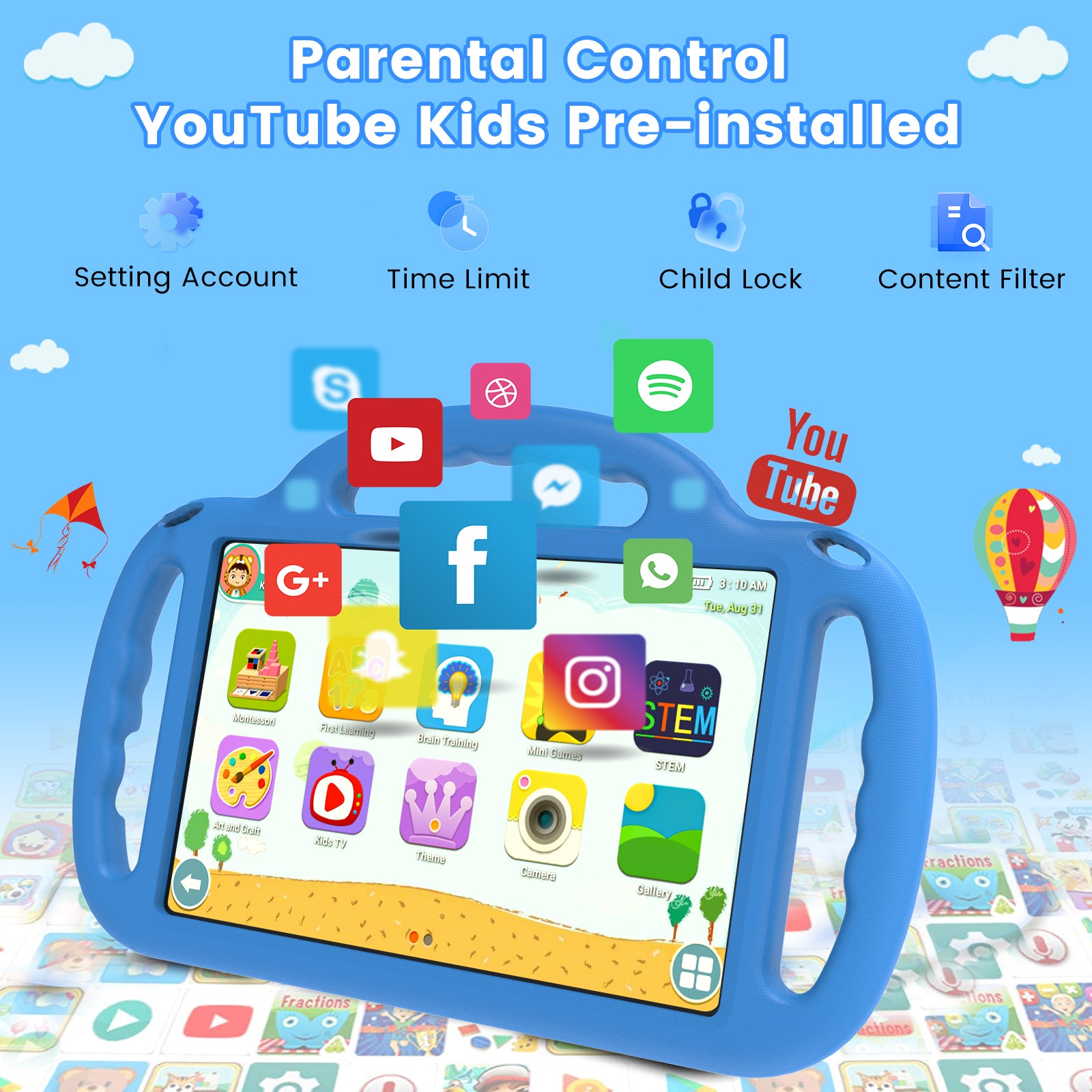 Azeyou Kids Tablet 10 Inch Android 15 Tablets for Kids, 12GB RAM 64GB ROM (1TB Expandable) with Case, 6000mAh Battery, Quad-Core Processor, Parental Control, Dual Camera, WiFi HD Screen, Blue