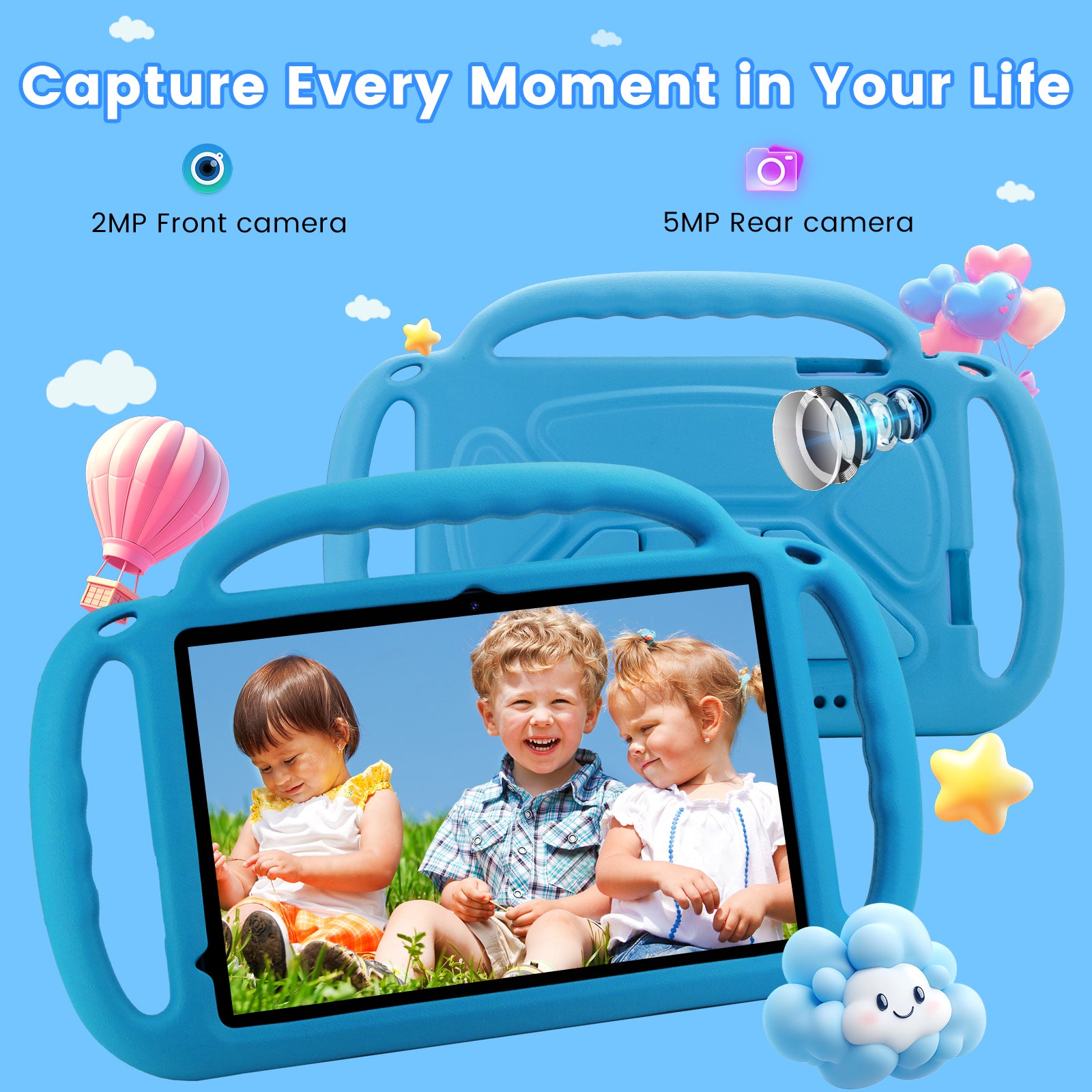 Azeyou Kids Tablet 10 Inch Android 15 Tablets for Kids, 12GB RAM 64GB ROM (1TB Expandable) with Case, 6000mAh Battery, Quad-Core Processor, Parental Control, Dual Camera, WiFi HD Screen, Blue