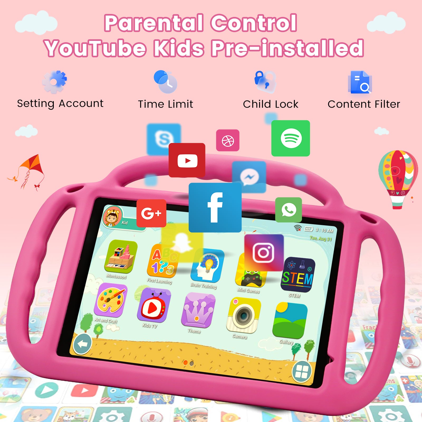 Azeyou Kids Tablet 10 Inch Android 15 Tablets for Kids, 12GB RAM 64GB ROM (1TB Expandable) with Case, 6000mAh Battery, Quad-Core Processor, Parental Control, Dual Camera, WiFi HD Screen, Pink