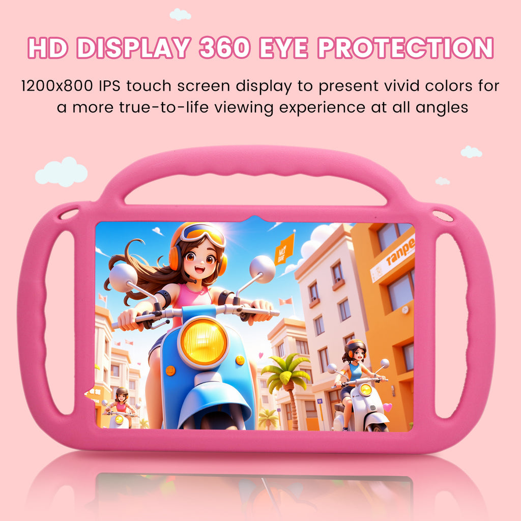 Azeyou Kids Tablet 10 Inch Android 15 Tablets for Kids, 12GB RAM 64GB ROM (1TB Expandable) with Case, 6000mAh Battery, Quad-Core Processor, Parental Control, Dual Camera, WiFi HD Screen, Pink