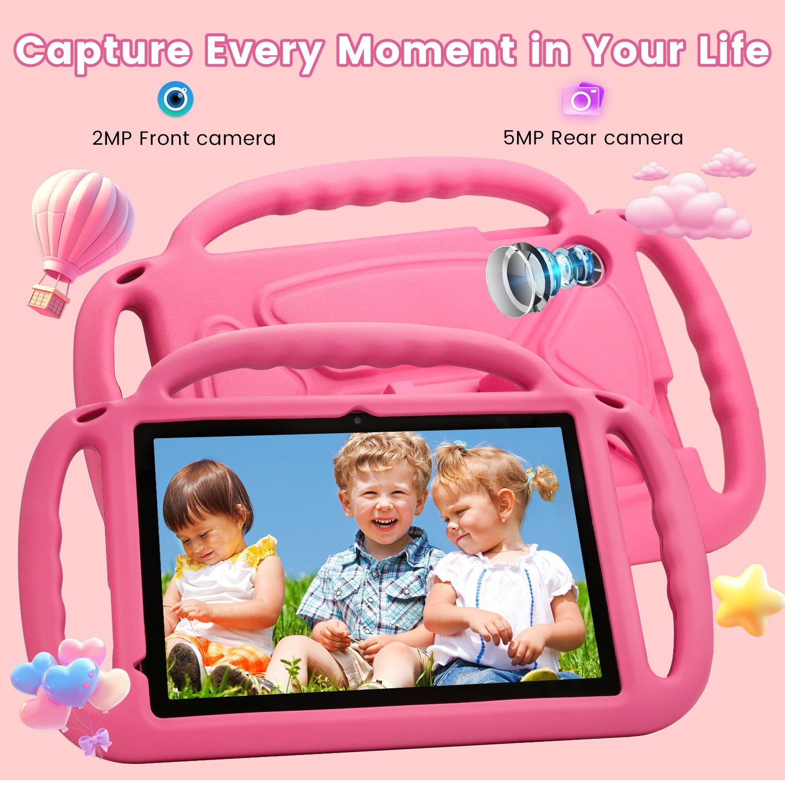 Azeyou Kids Tablet 10 Inch Android 15 Tablets for Kids, 12GB RAM 64GB ROM (1TB Expandable) with Case, 6000mAh Battery, Quad-Core Processor, Parental Control, Dual Camera, WiFi HD Screen, Pink