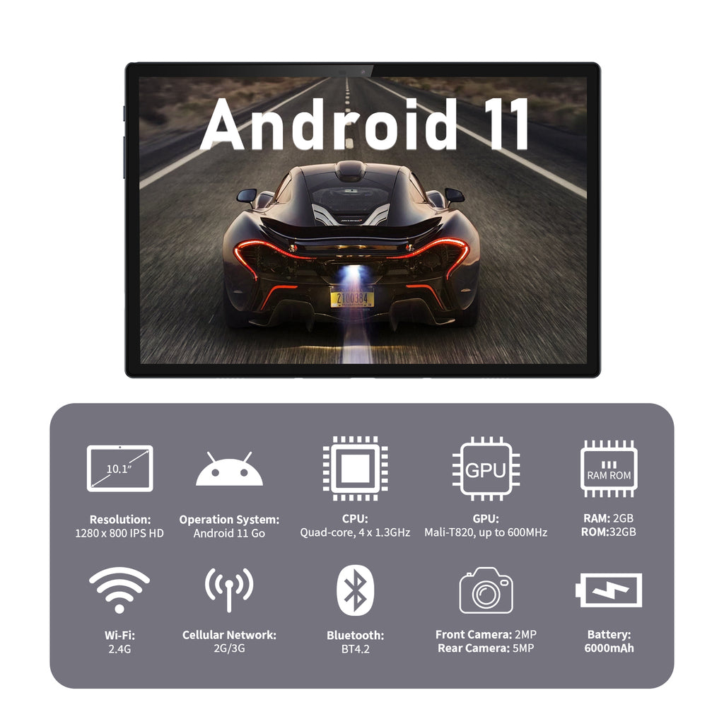 10.1 inch Android 11 GO Tablet with 2GB+32GB, Quad Core, 3G LTE T10 USB-C WiFi Tablet