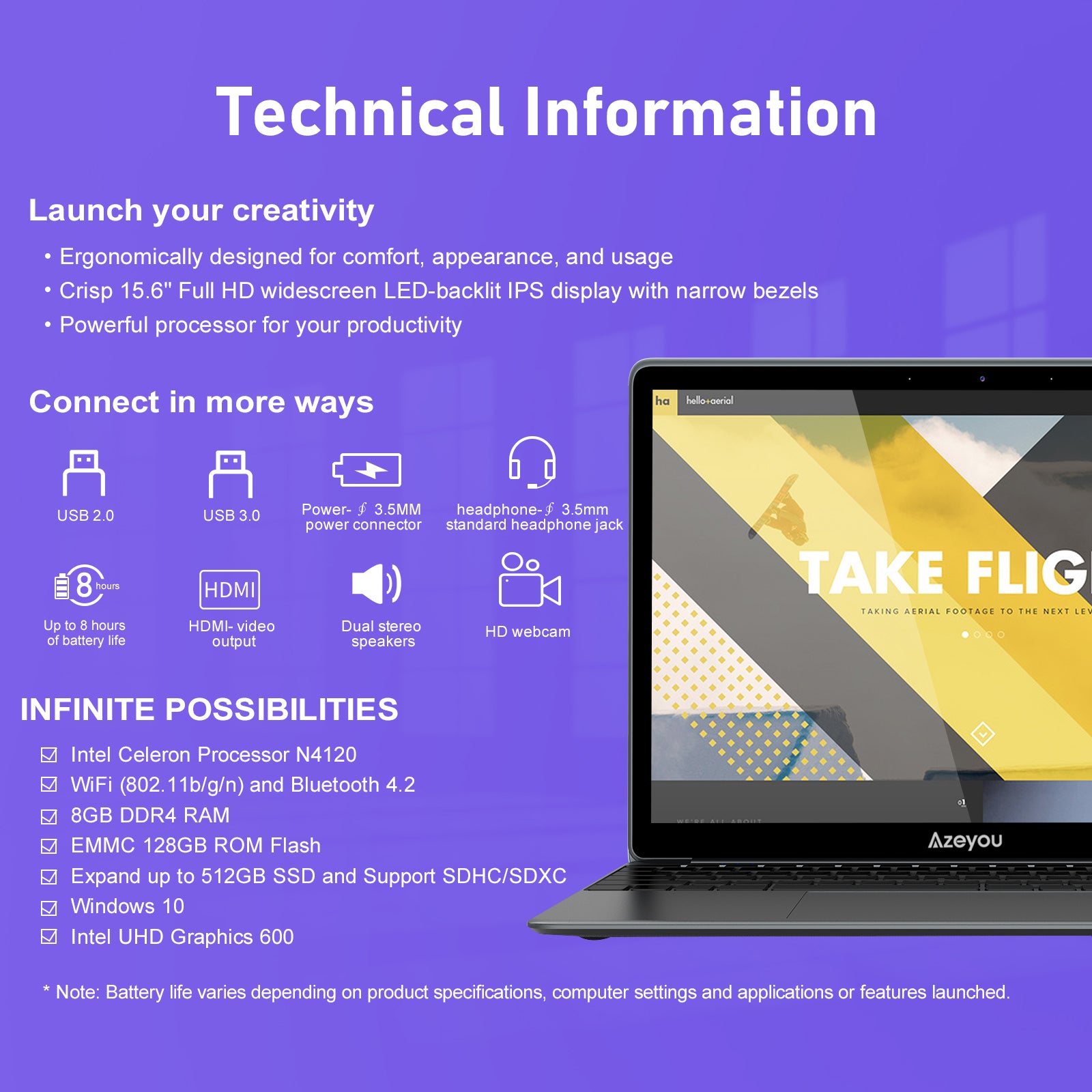 15.6 inch Windows 10, 8GB RAM eMMC 128GB, Intel Celeron Processor N4120 Laptop Computer