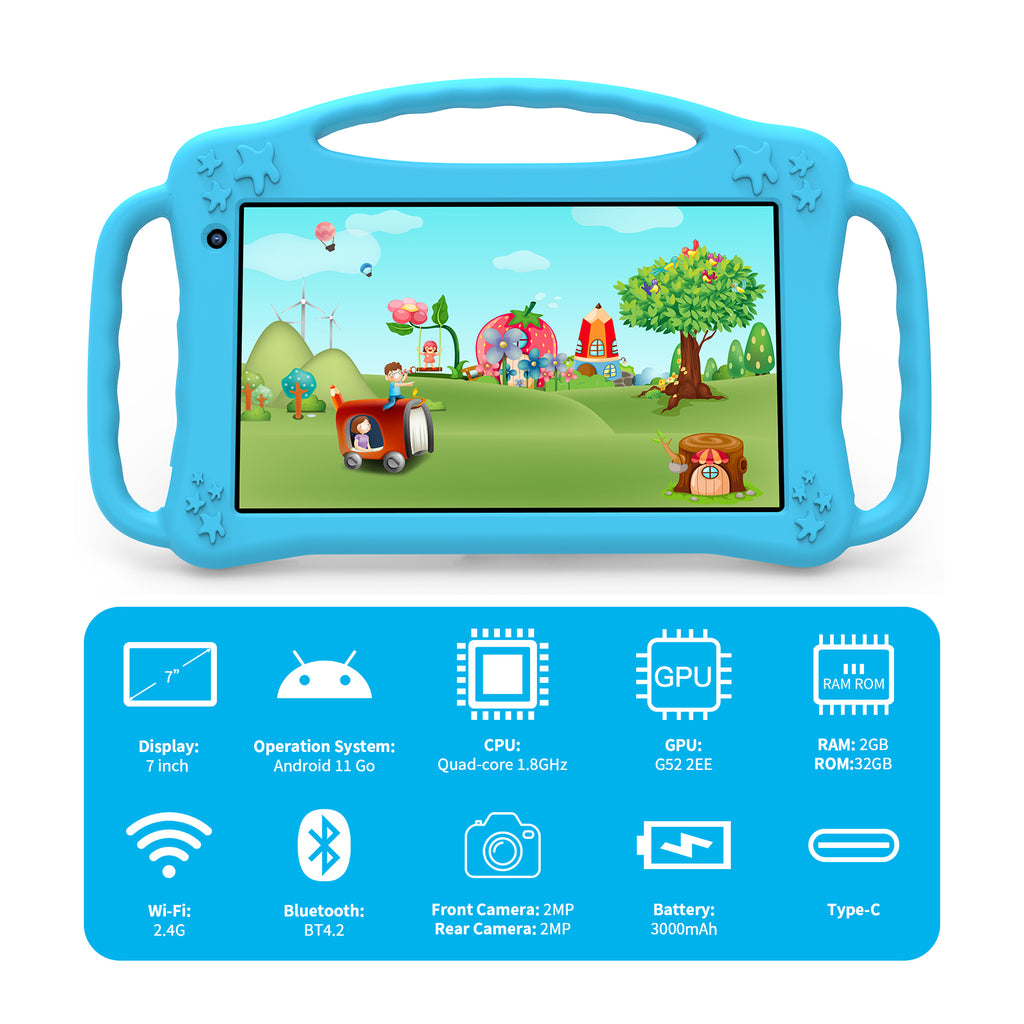 7" Tablet PC For Kids, Quad-core, RAM 2GB, ROM 32GB, Blue Kid-proof case