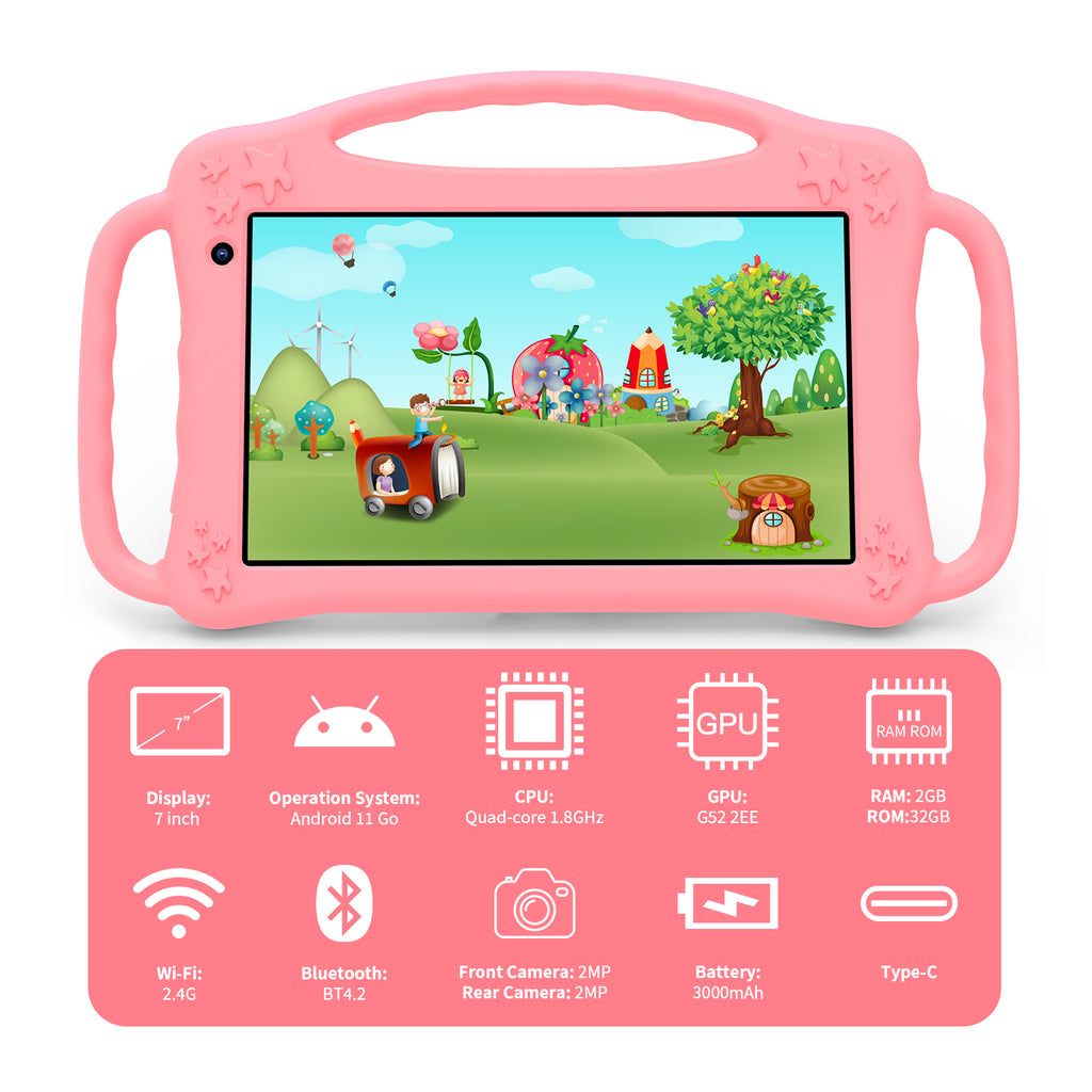 7" Tablet PC For Kids, Quad-core, RAM 2GB, ROM 32GB, Pink Kid-proof case