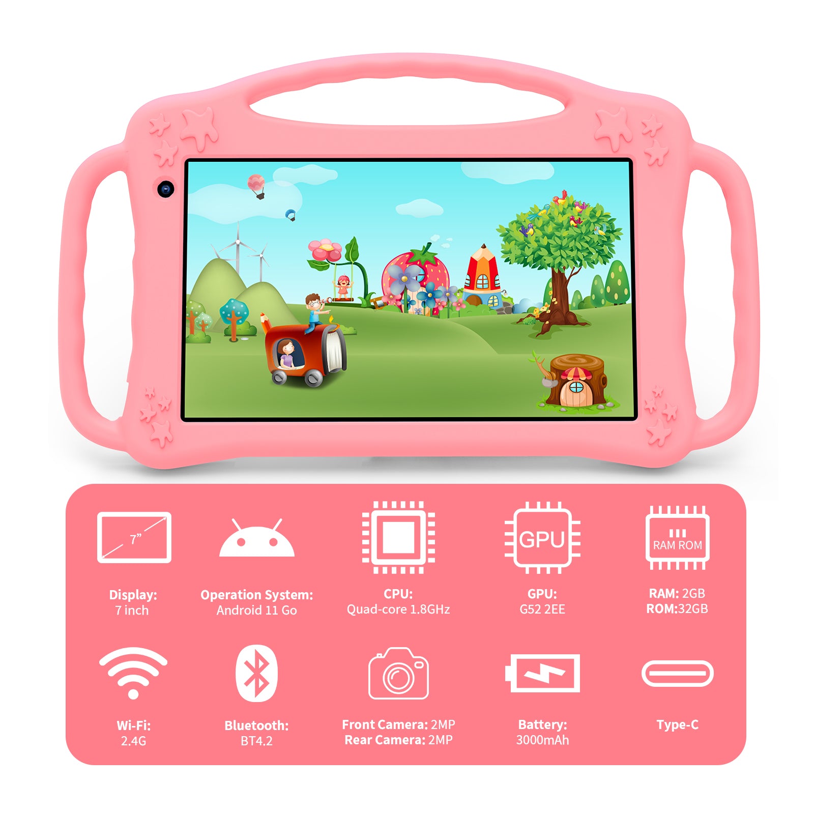 7" Tablet PC For Kids, Quad-core, RAM 2GB, ROM 32GB, Pink Kid-proof case