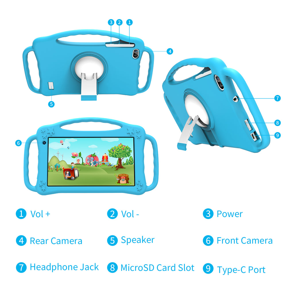 7" Tablet PC For Kids, Quad-core, RAM 2GB, ROM 32GB, Blue Kid-proof case